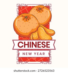 Una vibrante ilustración dibujada a mano con un par de naranjas de mandarina de la suerte (mandarinas) sobre un fondo rojo y dorado festivo. El diseño está decorado con flores de cerezo rosadas y un Anuncio del "Año Nuevo chino", que simboliza la riqueza y la buena fortuna. Perfecto para tarjetas de felicitación del Año Nuevo Lunar, decoraciones de menús y promociones culturales asiáticas.