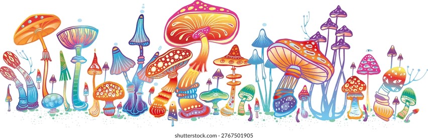Vibrant hand-drawn illustration featuring a whimsical collection of colorful psychedelic mushrooms in a fantasy style