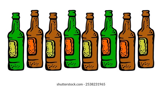 A vibrant, hand-drawn illustration of green and brown beer bottles in a cartoon style, perfect for bar decor, beverage branding, or party-themed designs.