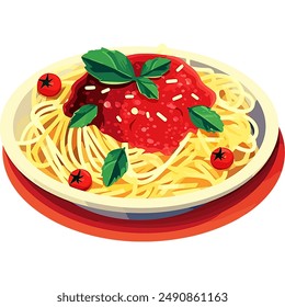 Vibrant hand-drawn illustration of a plate of spaghetti with tomato sauce, basil, and cherry tomatoes. Perfect for menus, food blogs, and Italian cuisine-themed designs.