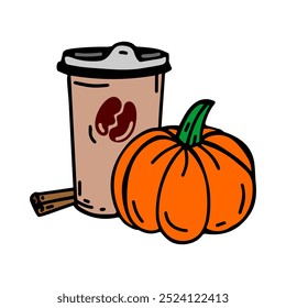 A vibrant hand-drawn illustration of a pumpkin, cinnamon stick, and a coffee cup, perfect for celebrating autumn, pumpkin spice lattes, and cozy fall vibes.