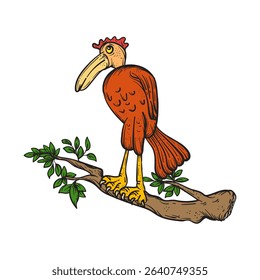 A vibrant hand-drawn illustration of a quirky tropical bird perched on a tree branch with lush green leaves. Perfect for educational designs, children’s books, or whimsical decor.
