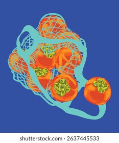 Vibrant hand-drawn illustration of ripe persimmons with green leaves in a mesh net bag. Perfect for seasonal design, food packaging, kitchen prints, and rustic autumn-inspired projects.