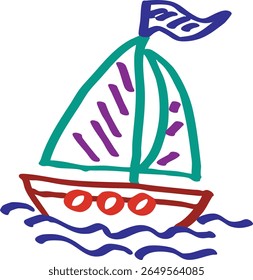 A vibrant, hand-drawn illustration of a sailboat with teal sails, a red hull, and a blue flag, navigating blue waves.