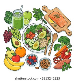 A vibrant hand-drawn illustration showcasing a balanced diet with fresh fruits, vegetables, salmon, nuts, and a healthy salad bowl.