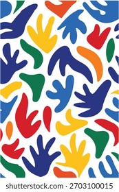 A vibrant hand-drawn Matisse-inspired pattern featuring bold shapes and playful colors. Perfect for fabric prints, wallpapers, posters, and creative digital projects with artistic flair.