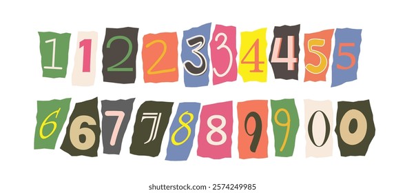 Vibrant hand-drawn numbers on torn paper pieces, arranged in rows on a white background. Creative design representing artistic typography concepts. Vector illustration