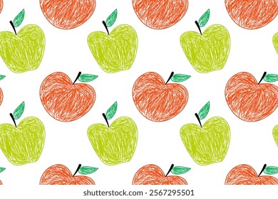 Vibrant hand-drawn red and green apples with leaves in a seamless pattern, cheerful and playful design on white.