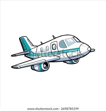 A vibrant, hand-drawn sketch of a small, white twin-engine propeller aircraft with blue and green accents, isolated on a white background.