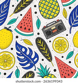 Vibrant, hand-drawn summer pattern featuring a seamless repeat of tropical fruits, lush leaves, and a retro boombox set against a speckled background.