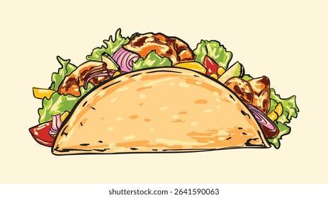 Vibrant hand-drawn taco illustration featuring grilled chicken, fresh vegetables, and bold colors. Perfect for menus, food blogs, posters, and Mexican cuisine-themed designs.