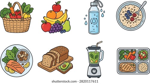 A vibrant hand-drawn vector icon set focused on healthy eating and wellness. Includes a fresh vegetable basket, a stack of fruits, a reusable water bottle, oatmeal bowl with berries, grilled salmon plate with nuts, whole grain bread with avocado toast, a green smoothie blender, and a balanced meal prep container. Perfect for nutrition blogs, diet plans, wellness apps, recipe guides, and healthy lifestyle branding.A vibrant hand-drawn vector icon set focused on healthy eating and wellness. Includes a fresh vegetable basket, a stack of fruits, a reusable water bottle, oatmeal bowl with berries, grilled salmon plate with nuts, whole grain bread with avocado toast, a green smoothie blender, and a balanced meal prep container. Perfect for nutrition blogs, diet plans, wellness apps, recipe guides, and healthy lifestyle branding.