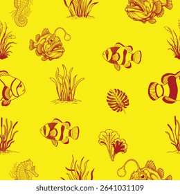 A vibrant, hand-drawn vector pattern featuring an assortment of red aquatic life and marine flora against a cheerful yellow backdrop.