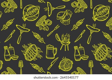 A vibrant, hand-drawn vector pattern featuring an assortment of classic barbecue elements, perfect for food-related projects and summer celebrations.