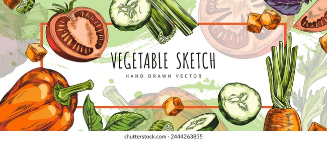 Vibrant hand-drawn vegetable sketches form a dynamic border in this colorful vector illustration, perfect for food and wellness themes.