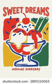 A vibrant hand-painted ice cream sundae with a cherry and sprinkles in a bold retro art style. This nostalgic illustration features primary colors and playful text for a joyful mood. Perfect for cafe menu designs or decorative kitchen wall art.