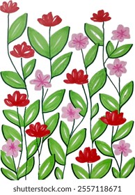 Vibrant Hand-Painted Red and Pink Flowers With Green Leaves on White Background