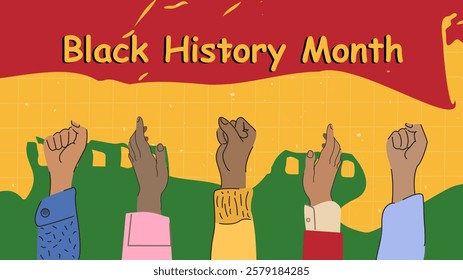 Vibrant hands in various skin tones uplift in celebration, symbolizing solidarity and resilience during Black History Month, honoring the rich heritage and achievements