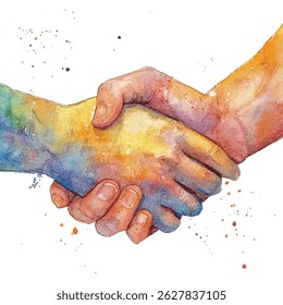 Vibrant handshake symbolizing unity, diversity, and cooperation. Perfect for business, teamwork, equality, and social projects. Artistic and inspiring illustration on white.
