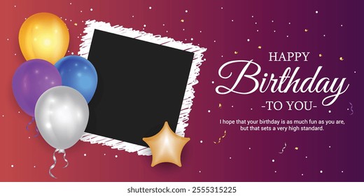 Vibrant Happy Birthday Banner. Festive Elements and Lettering. Trendy Happy Birthday Background with Elegant Party Elements. Coloring Balloons for Birthday Decorations