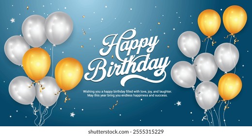 Vibrant Happy Birthday Banner. Festive Elements and Lettering. Trendy Happy Birthday Background with Elegant Party Elements. Golden and Silver Balloons for Birthday Decorations