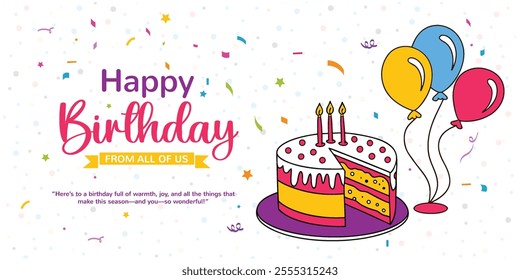 Vibrant Happy Birthday Banner. Festive Elements and Lettering. Trendy Happy Birthday Background with Elegant Party Elements. Coloring Balloons for Birthday Decorations. Cute Birthday Cake With Candle