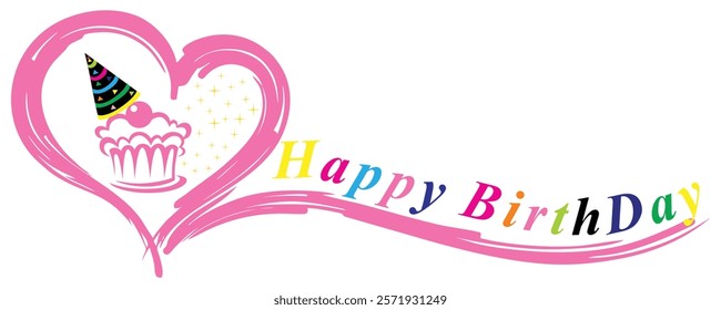 Vibrant Happy Birthday Card with Cupcake, Heart, and Colorful Text.