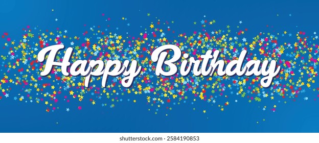 Vibrant "Happy Birthday" text with multicolored stars on a blue background, perfect for greeting cards and party decorations.