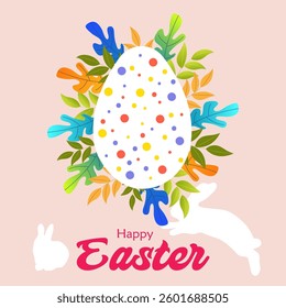 Vibrant Happy Easter design featuring a colorful polka-dotted egg surrounded by festive foliage and playful bunny silhouettes, perfect for holiday greetings, banners, and decorations.