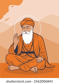 A vibrant Happy Guru Nanak Jayanti design featuring an illustration of Guru Nanak in orange robes with a soft abstract background in warm tones