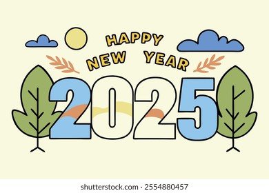 A vibrant Happy New Year 2025 design with clouds, trees, and a bright sun in a nature-inspired theme