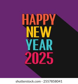 Vibrant Happy New Year 2025 typography design with bold retro colors. Modern minimalist style on a purple background with a striking shadow effect