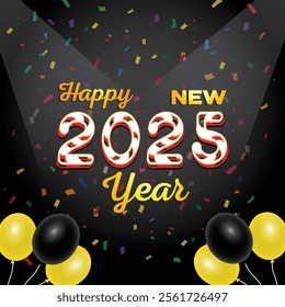 A vibrant Happy New Year 2025 poster featuring fireworks, colorful confetti, and bold, festive lettering. The background radiates joy, excitement, and a sense of fresh beginnings.