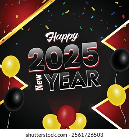 A vibrant Happy New Year 2025 poster featuring fireworks, colorful confetti, and bold, festive lettering. The background radiates joy, excitement, and a sense of fresh beginnings.