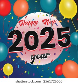 A vibrant Happy New Year 2025 poster featuring fireworks, colorful confetti, and bold, festive lettering. The background radiates joy, excitement, and a sense of fresh beginnings.