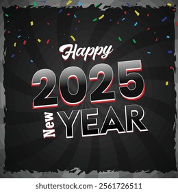 A vibrant Happy New Year 2025 poster featuring fireworks, colorful confetti, and bold, festive lettering. The background radiates joy, excitement, and a sense of fresh beginnings.