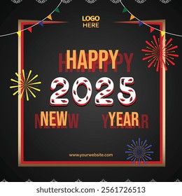 A vibrant Happy New Year 2025 poster featuring fireworks, colorful confetti, and bold, festive lettering. The background radiates joy, excitement, and a sense of fresh beginnings.