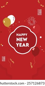 A vibrant Happy New Year design featuring balloons, fireworks, and confetti on a bright red background, creating a joyful and celebratory atmosphere