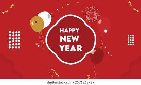 A vibrant Happy New Year design featuring balloons, fireworks, and confetti on a bright red background, creating a joyful and celebratory atmosphere