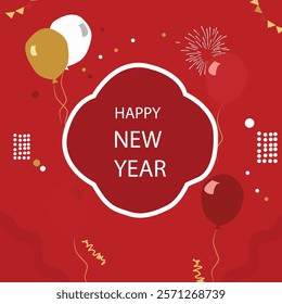 A vibrant Happy New Year design featuring balloons, fireworks, and confetti on a bright red background, creating a joyful and celebratory atmosphere