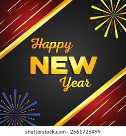 A vibrant Happy New Year poster featuring fireworks, colorful confetti, and bold, festive lettering. The background radiates joy, excitement, and a sense of fresh beginnings.