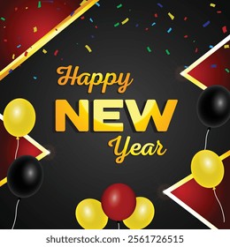 A vibrant Happy New Year poster featuring fireworks, colorful confetti, and bold, festive lettering. The background radiates joy, excitement, and a sense of fresh beginnings.