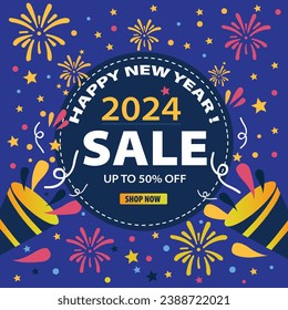 Vibrant Happy New Year Sale Banner in vector art, bursting with celebratory elements, perfect for promoting festive discounts and deals.