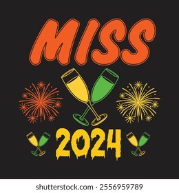 A vibrant Happy New Year T-shirt design featuring bold "Happy New Year" text with sparkling fireworks, confetti, and champagne glasses. Accented with gold, silver, and black for a festive and celebrat