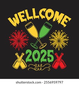 A vibrant Happy New Year T-shirt design featuring bold "Happy New Year" text with sparkling fireworks, confetti, and champagne glasses. Accented with gold, silver, and black for a festive and celebrat