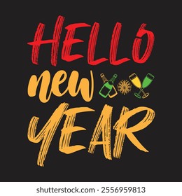 A vibrant Happy New Year T-shirt design featuring bold "Happy New Year" text with sparkling fireworks, confetti, and champagne glasses. Accented with gold, silver, and black for a festive and celebrat