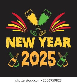 A vibrant Happy New Year T-shirt design featuring bold "Happy New Year" text with sparkling fireworks, confetti, and champagne glasses. Accented with gold, silver, and black for a festive and celebrat