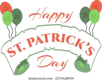  Vibrant Happy St Patricks Day illustration featuring festive lettering, balloons, and shamrocks, perfect for holiday decorations or greeting cards.