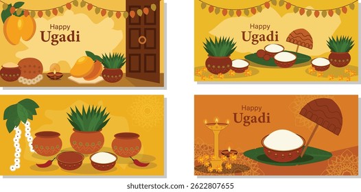 Vibrant Happy Ugadi Vector Banner Set with Traditional Indian New Year Symbols