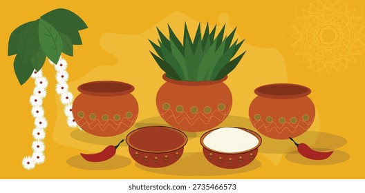 Vibrante feliz Ugadi Vetor Banner Set com símbolos tradicionais de ano novo indiano